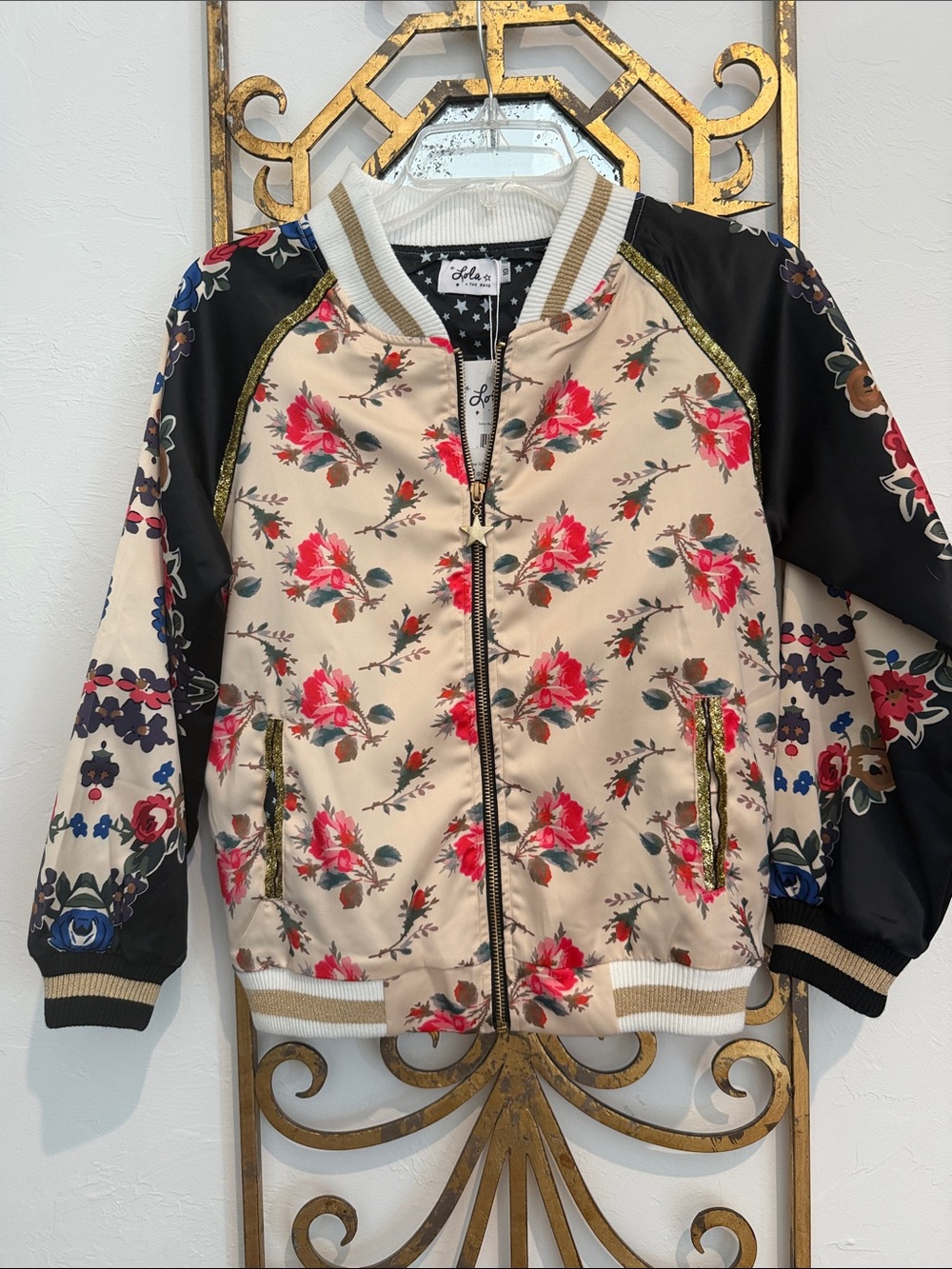 Lola + The Boys Beige Floral Satin Bomber with Black Sleeves